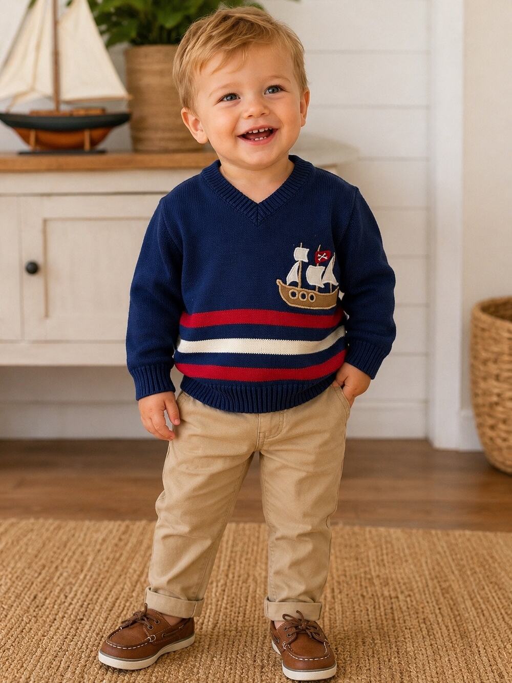 Gymboree Boys 18-24 Months Navy Pirate Ship V-Neck Sweater 100% Cotton Nautical